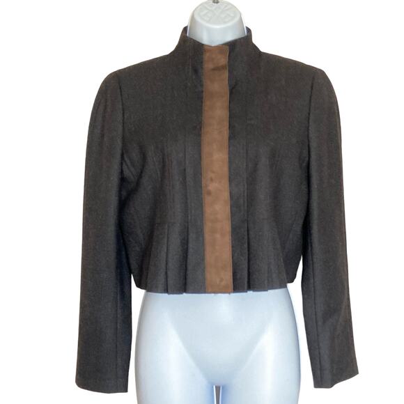 Akris Black Cropped Wool Jacket Mock Neck Pintuck Front Zip Women's Size US 8 - Picture 1 of 16